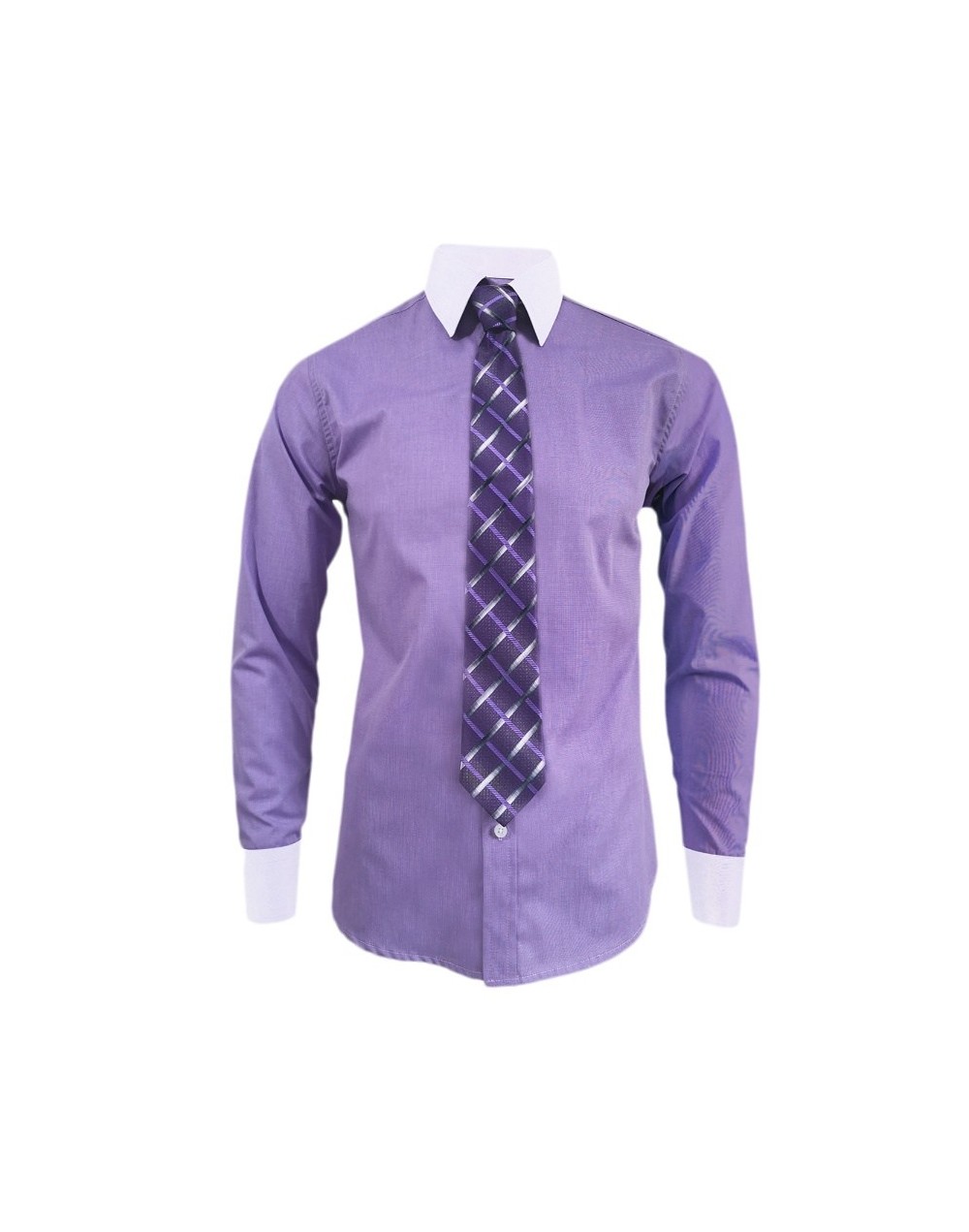 Camisa formal lila cuello y puños blancos manga larga hombre