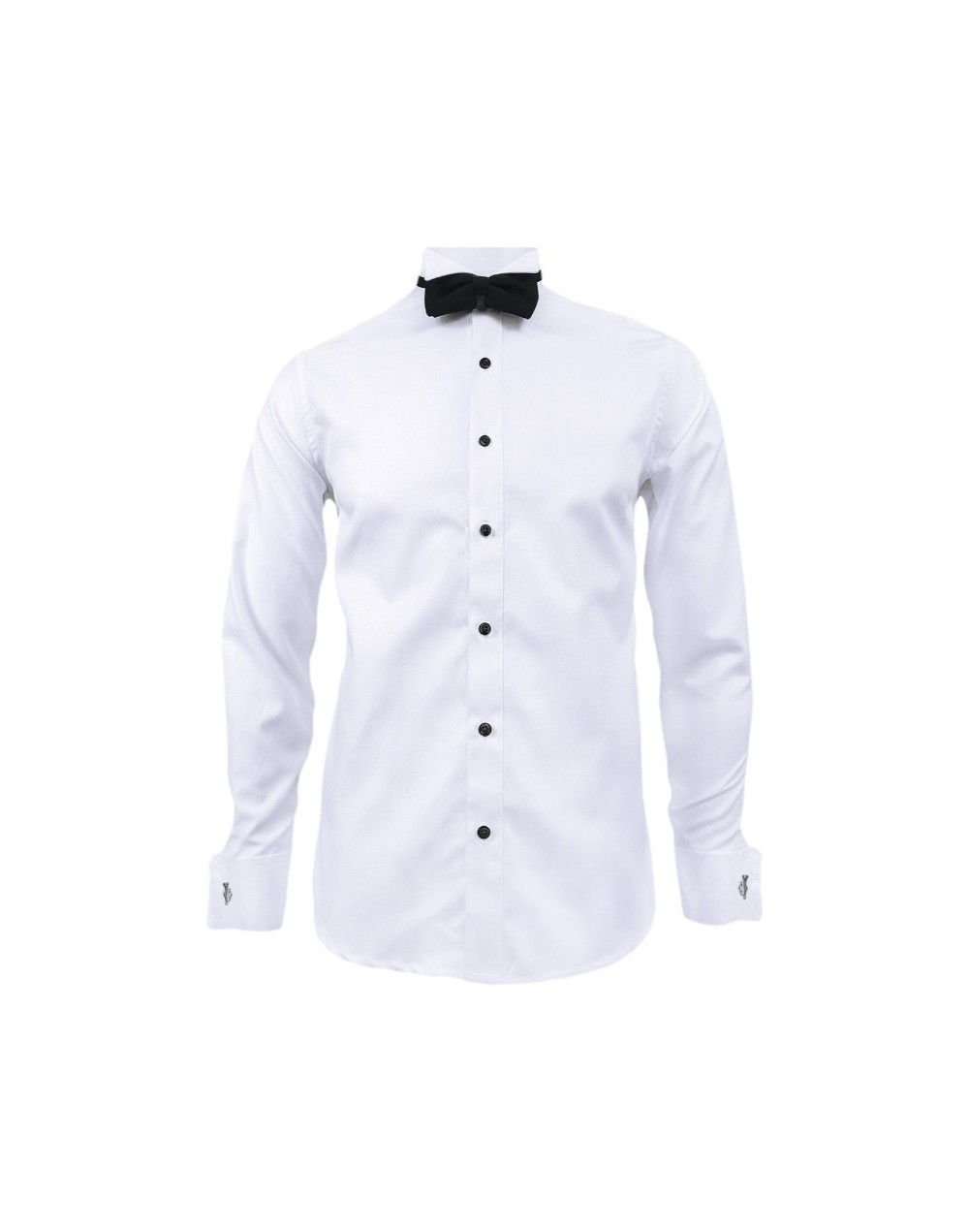 Camisa smoking blanca botón negro puño mancornas manga larga