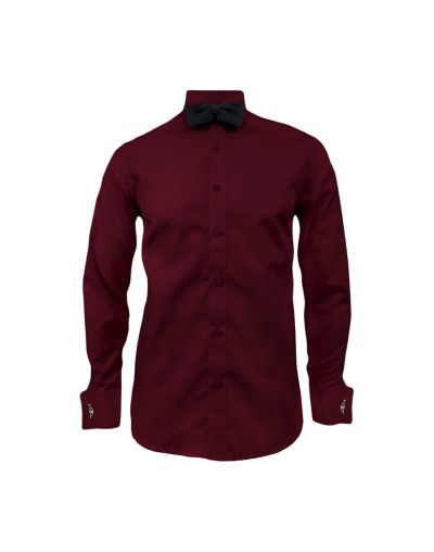 Camisa smoking vino tinto puño mancornas manga larga hombre
