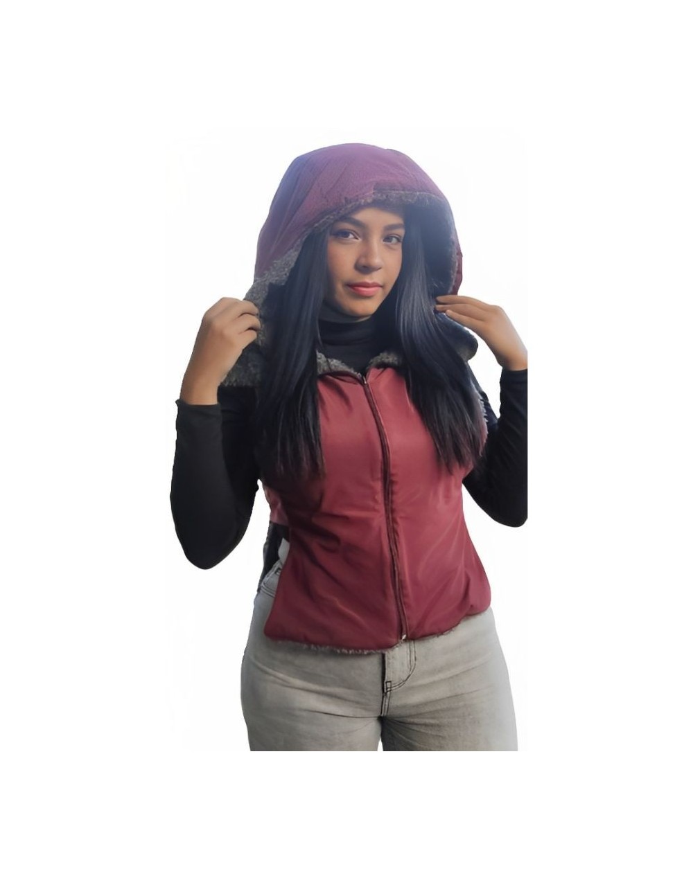 Petochaleco impermeable color vino tinto forrado en peluche color gris ratón talla m