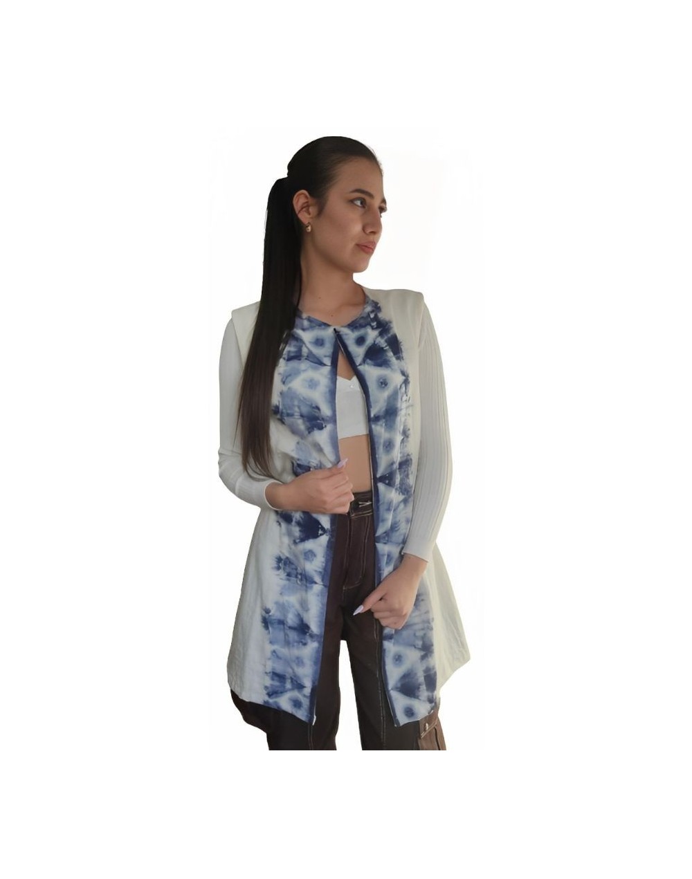 Chaleco largo con cinturón en macramé estampado