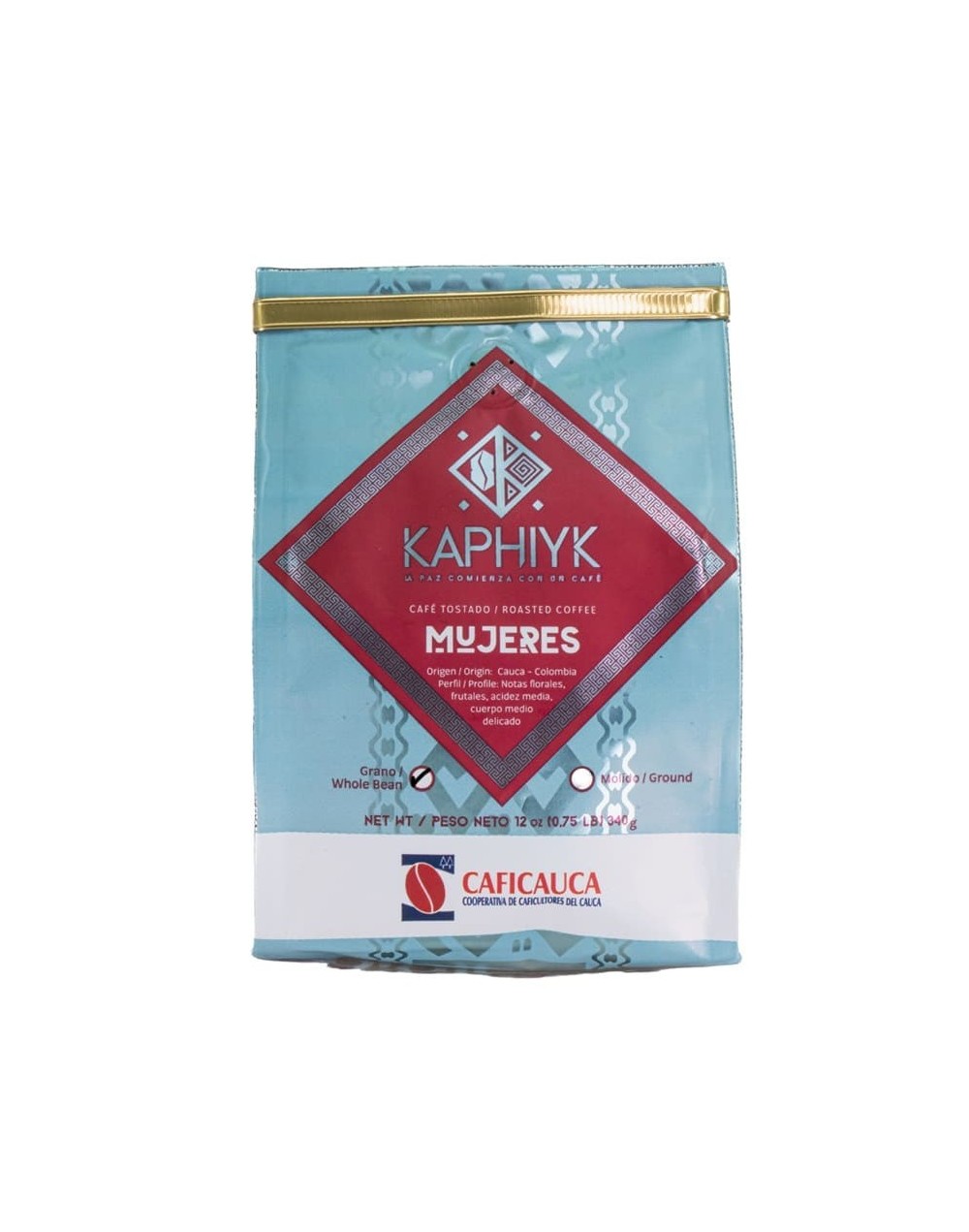 cafe superior Kaphiyk mujeres, 100 % colombiano, grano entero, tostion media, origen cauca, notas florales, acidez media, cuerpo