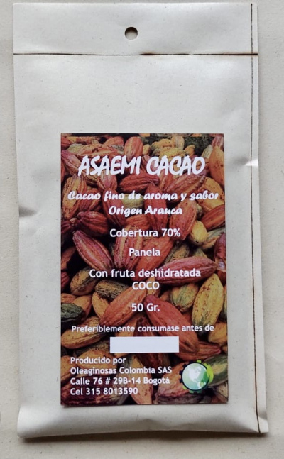 Barra de chocolate Cacao al 70% Azucar X 50 Gr