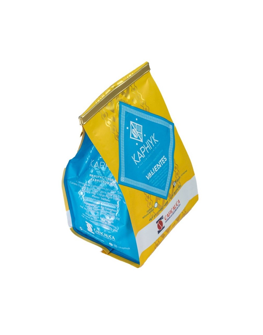 cafe superior Kaphiyk valientes, 100 % colombiano, grano entero, tostion media fina, origen cauca, notas dulces panela, caramelo