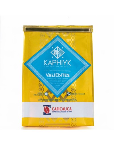 cafe superior Kaphiyk valientes, 100 % colombiano, grano entero, tostion media fina, origen cauca, notas dulces panela, caramelo