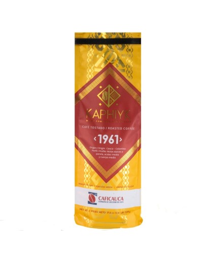 cafe superior Kaphiyk 1961, 100 % colombiano, molido, tostion media fina, origen cauca, notas dulces panela, acidez media y cuer