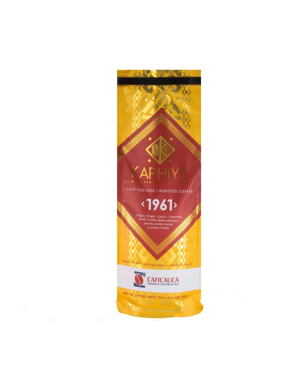 cafe superior Kaphiyk 1961, 100 % colombiano, molido, tostion media fina, origen cauca, notas dulces panela, acidez media y cuer