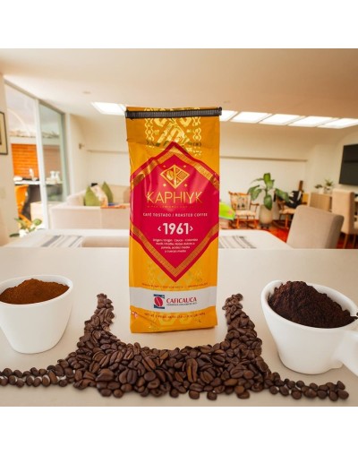 cafe superior Kaphiyk 1961, 100 % colombiano, molido, tostion media fina, origen cauca, notas dulces panela, acidez media y cuer