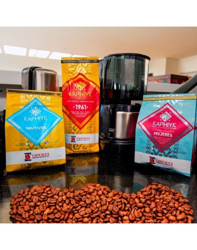 cafe superior Kaphiyk 1961, 100 % colombiano, molido, tostion media fina, origen cauca, notas dulces panela, acidez media y cuer