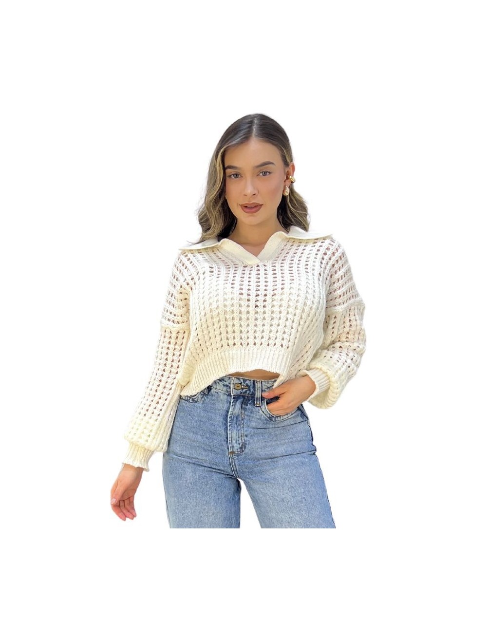 Suéter Chapinero Tejido en Malla con Cuello Polo – Mujer