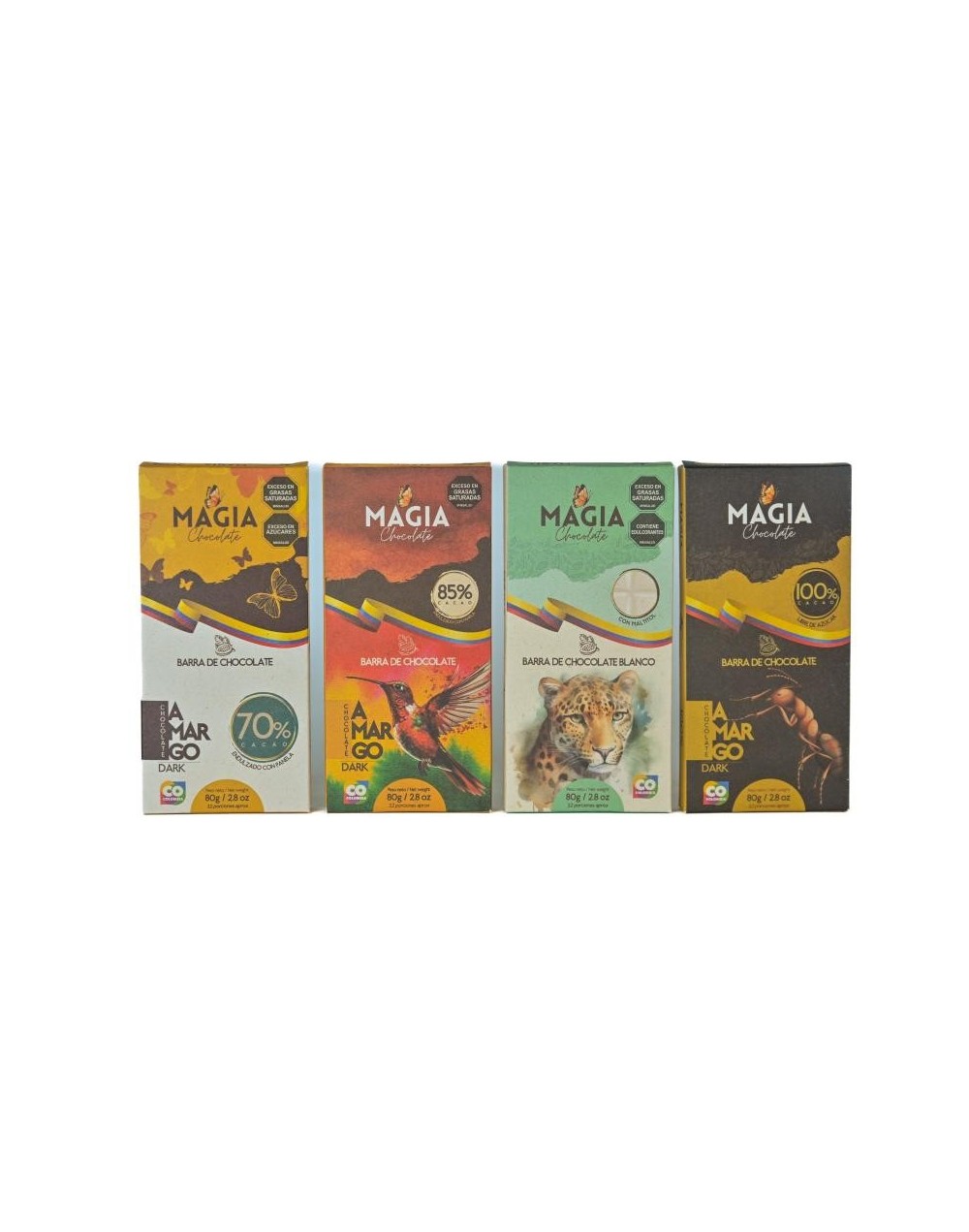 Chocolatinas de cuatro referencias 70%,85%100% cacao y chocalatina blanca