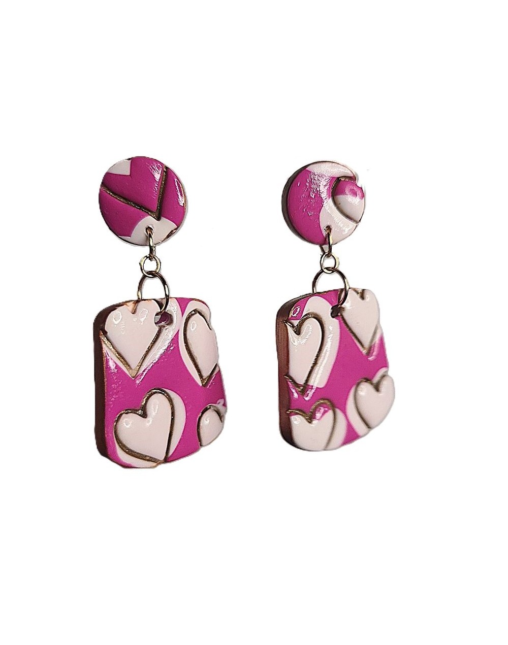 Aretes fucsia corazón blanco 