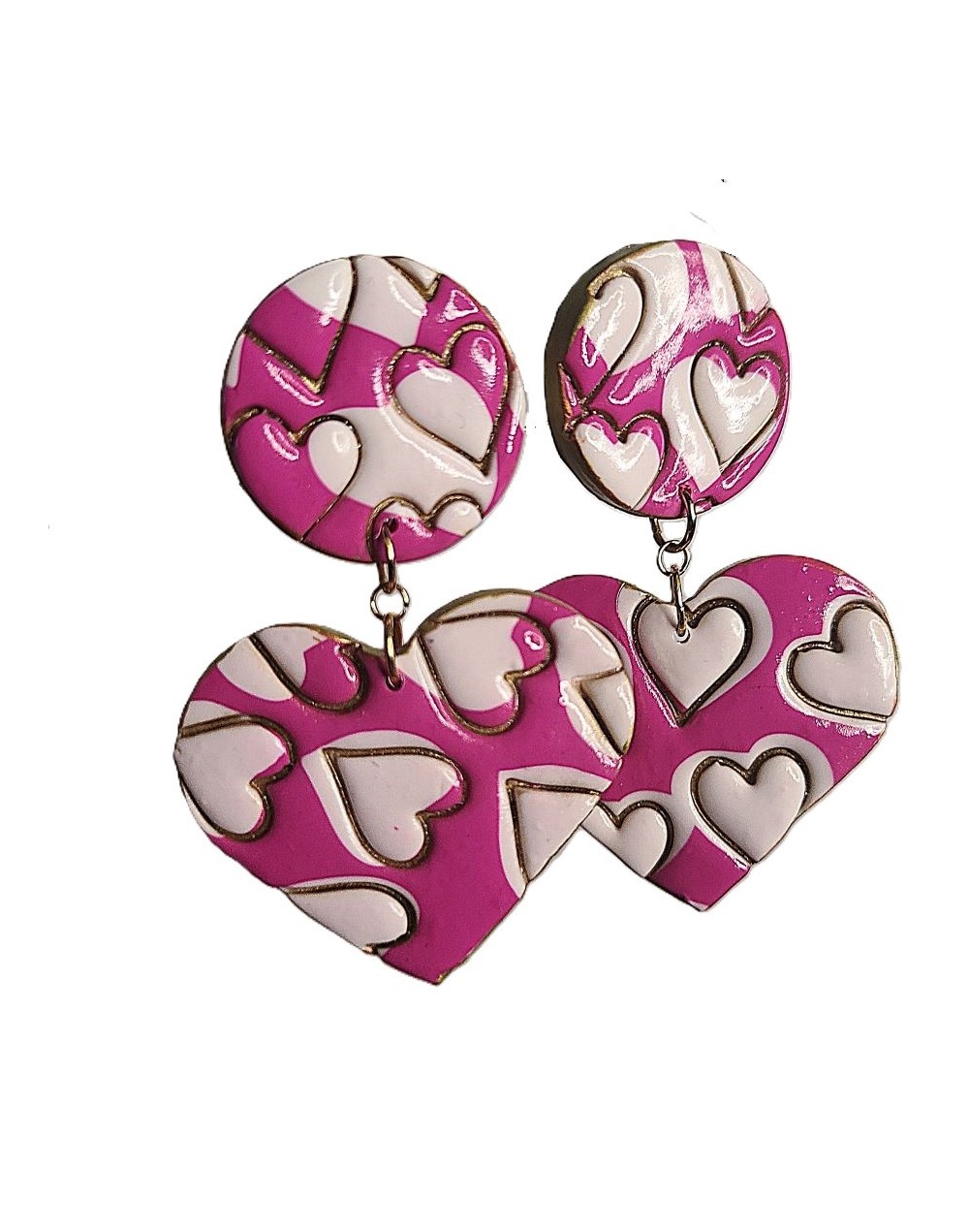 Aretes fucsia corazón y circulo.
