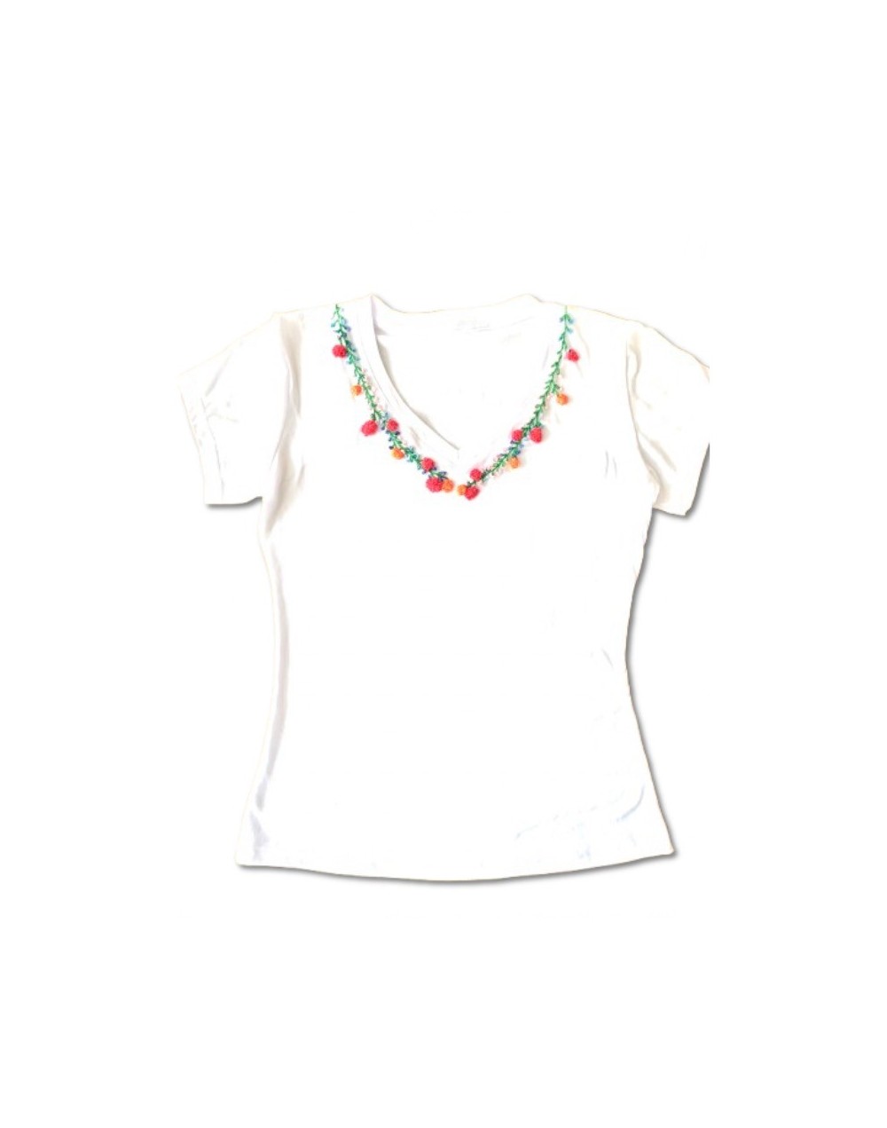 CAMISETA EN V EN ALGODON, BORDADA CON FLORES EL CUELLO