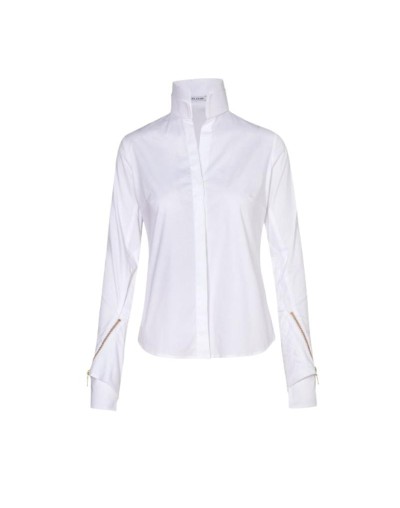 Camisa popelina blanca y cremallera en las mangas. Doble cuello y abotonadura invisible.
