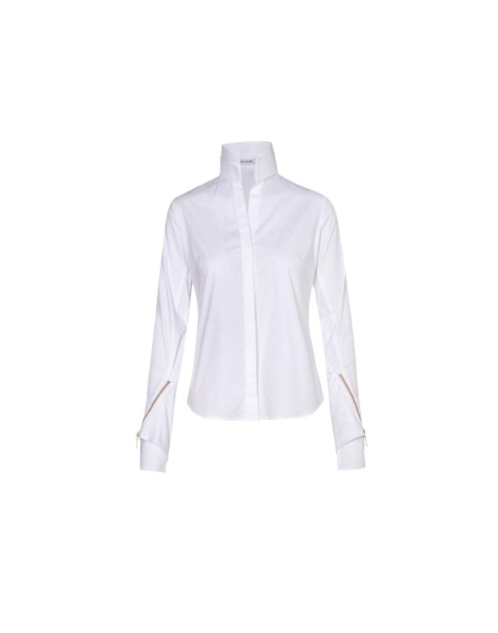 Camisa popelina blanca y cremallera en las mangas. Doble cuello y abotonadura invisible.