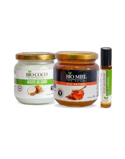 KIT MIEL NATURAL 250g - ACEITE DE COCO 180ml - REPARADOR LABIAL 30ml
