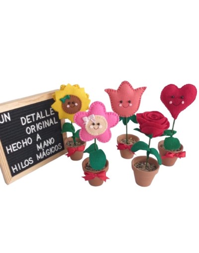 Macetas con rosa, flor,corazon, tulipan y girasol