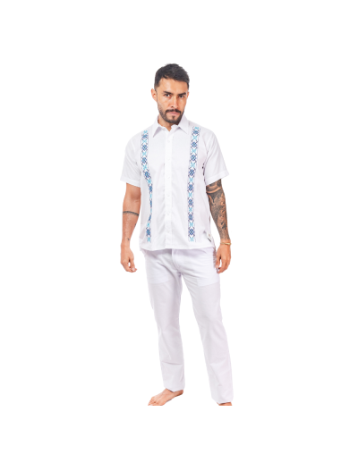 guayabera lino blanco con bordado azul