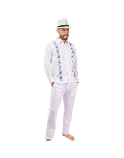 guayabera lino blanco con bordado azul