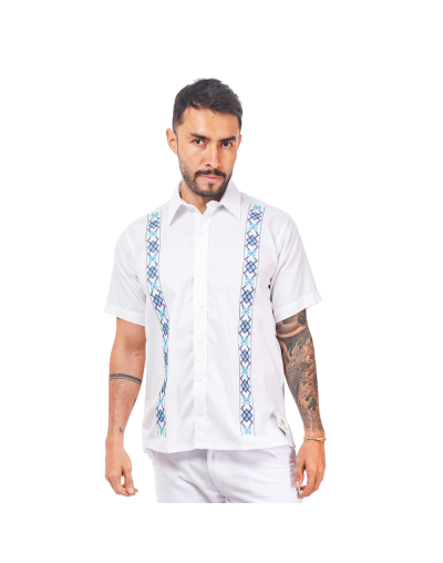 guayabera lino blanco con bordado azul