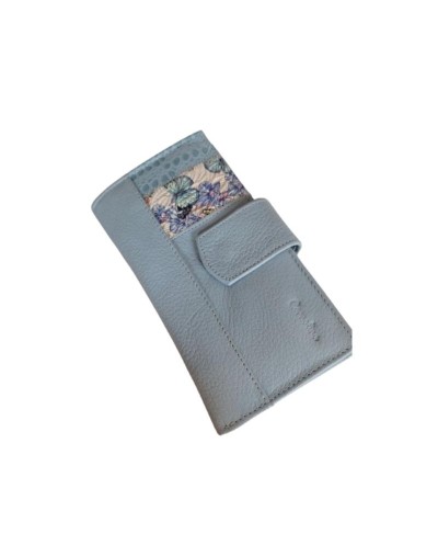 Billetera Azul Mediana Flores en cuero