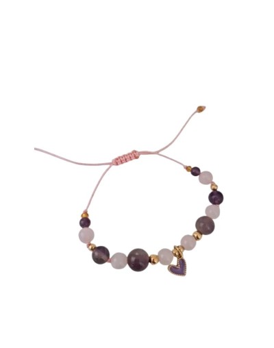 Pulsera  cuarzo Amatista y Rosado, dije Corazón