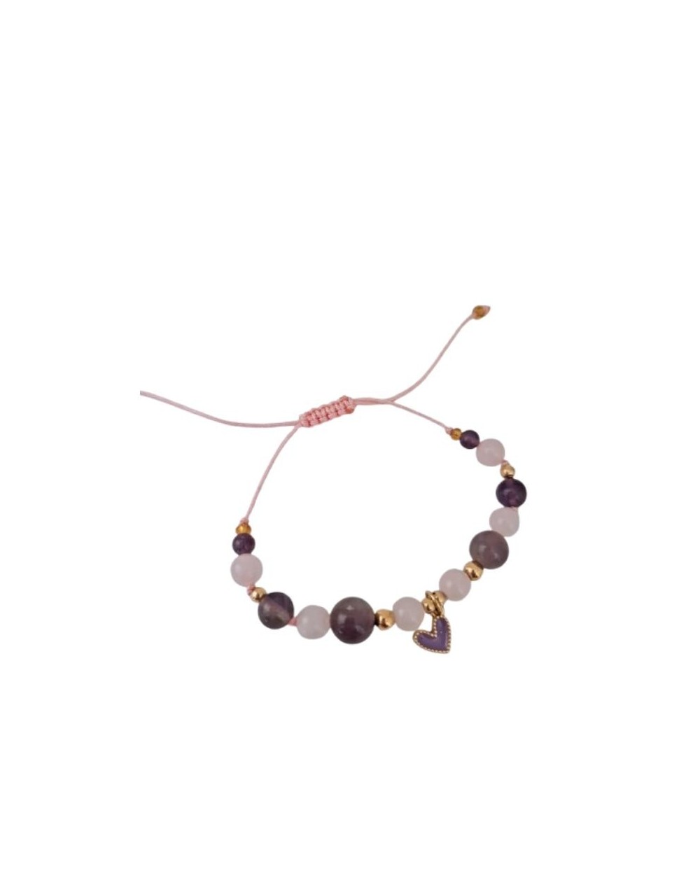 Pulsera  cuarzo Amatista y Rosado, dije Corazón