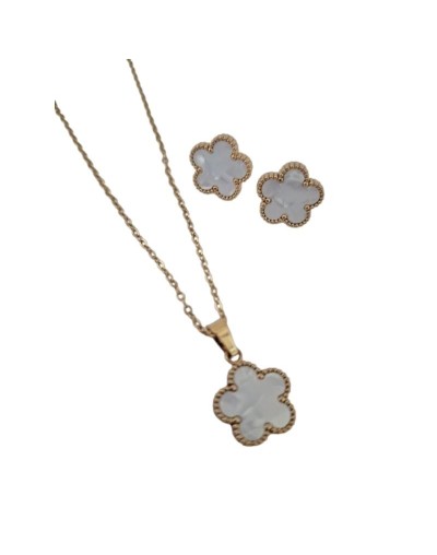 Juego cadena y aretes trébol blanca