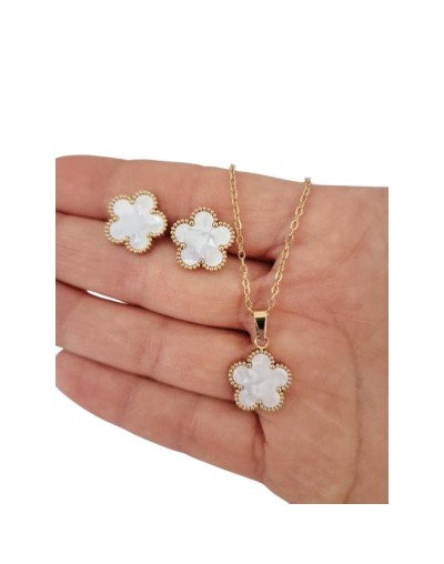 Juego cadena y aretes trébol blanca