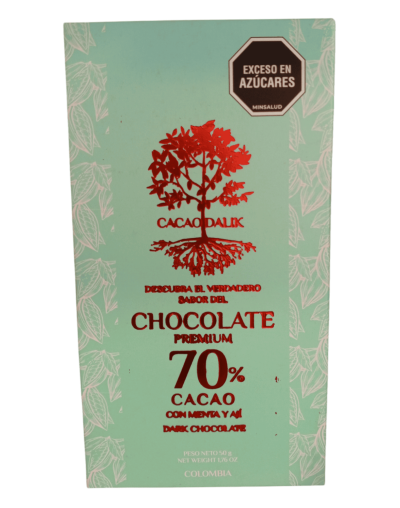 Barra de chocolate  70 % cacao -menta y Aji 50g