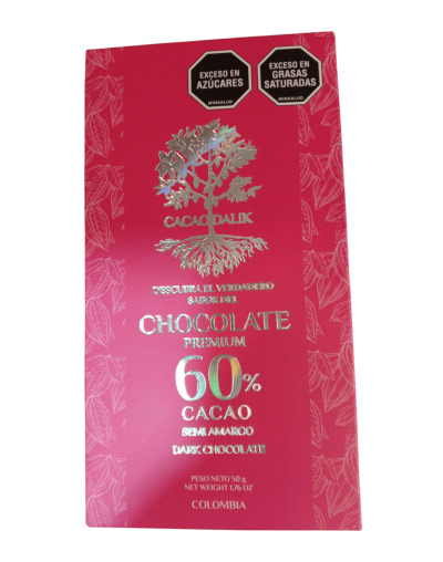 Barra de chocolate 60% cacao semi amargo 50g