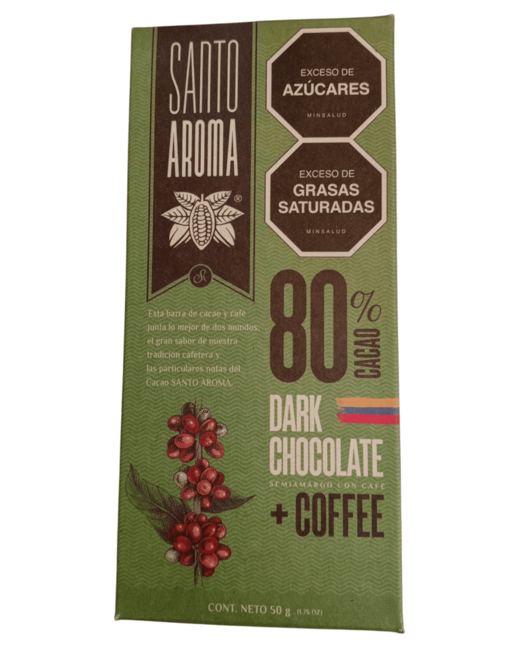 Barra de chocolate santo aroma 80 % cacao - cafe  50g