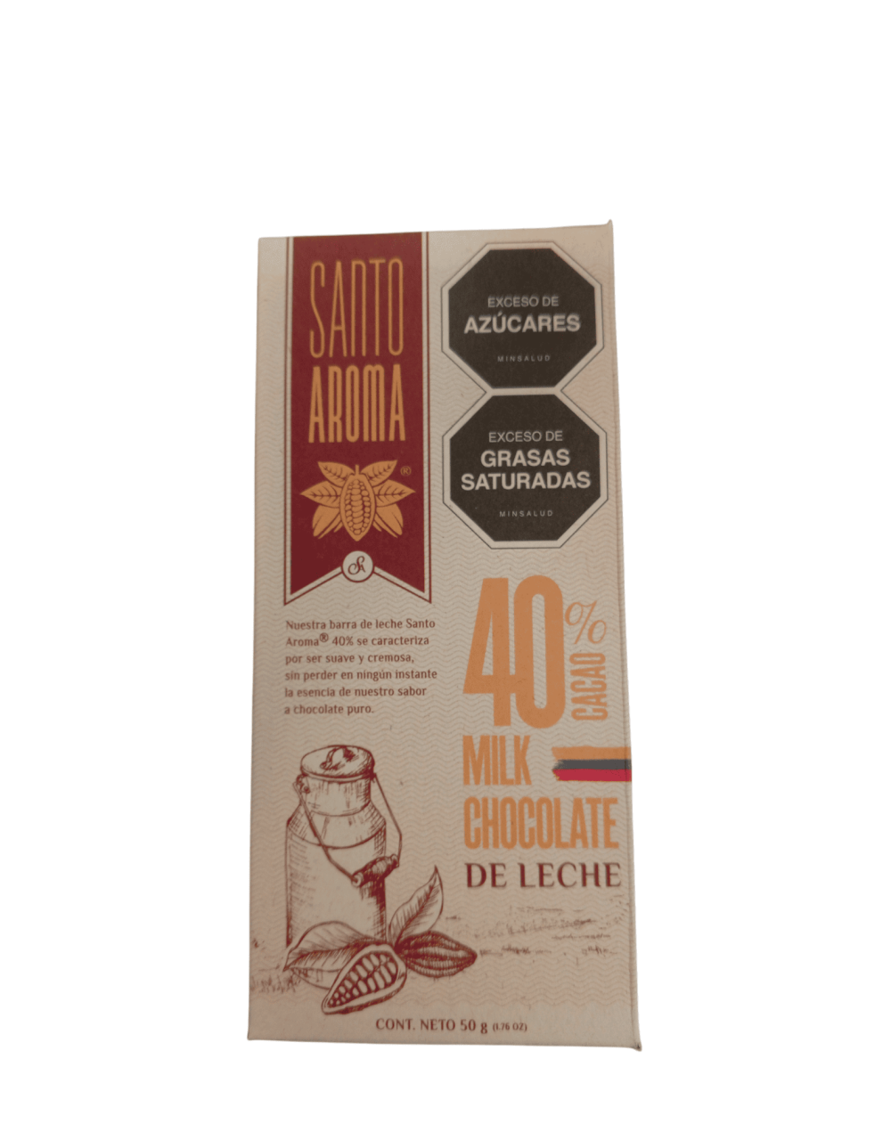 Barra de chocolate santo aroma 40 % cacao - leche 50g