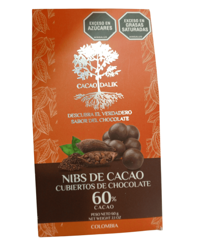 Grageas de nibs de cacao cubiertas al 60% cacao 