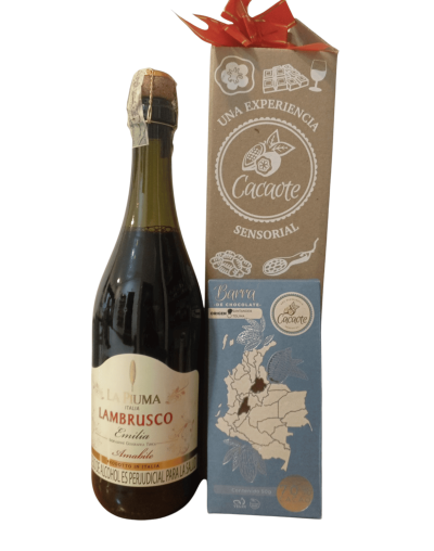 Caja de experiencial cacaote con vino lambrusco 750ml  y una barra de chocolate. Cacaote