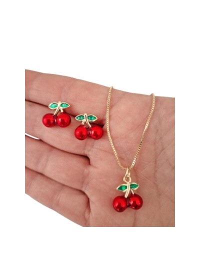 Juego cadena y aretes Cereza