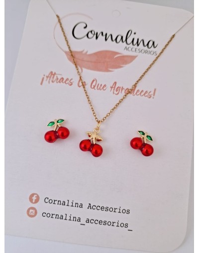 Juego cadena y aretes Cereza