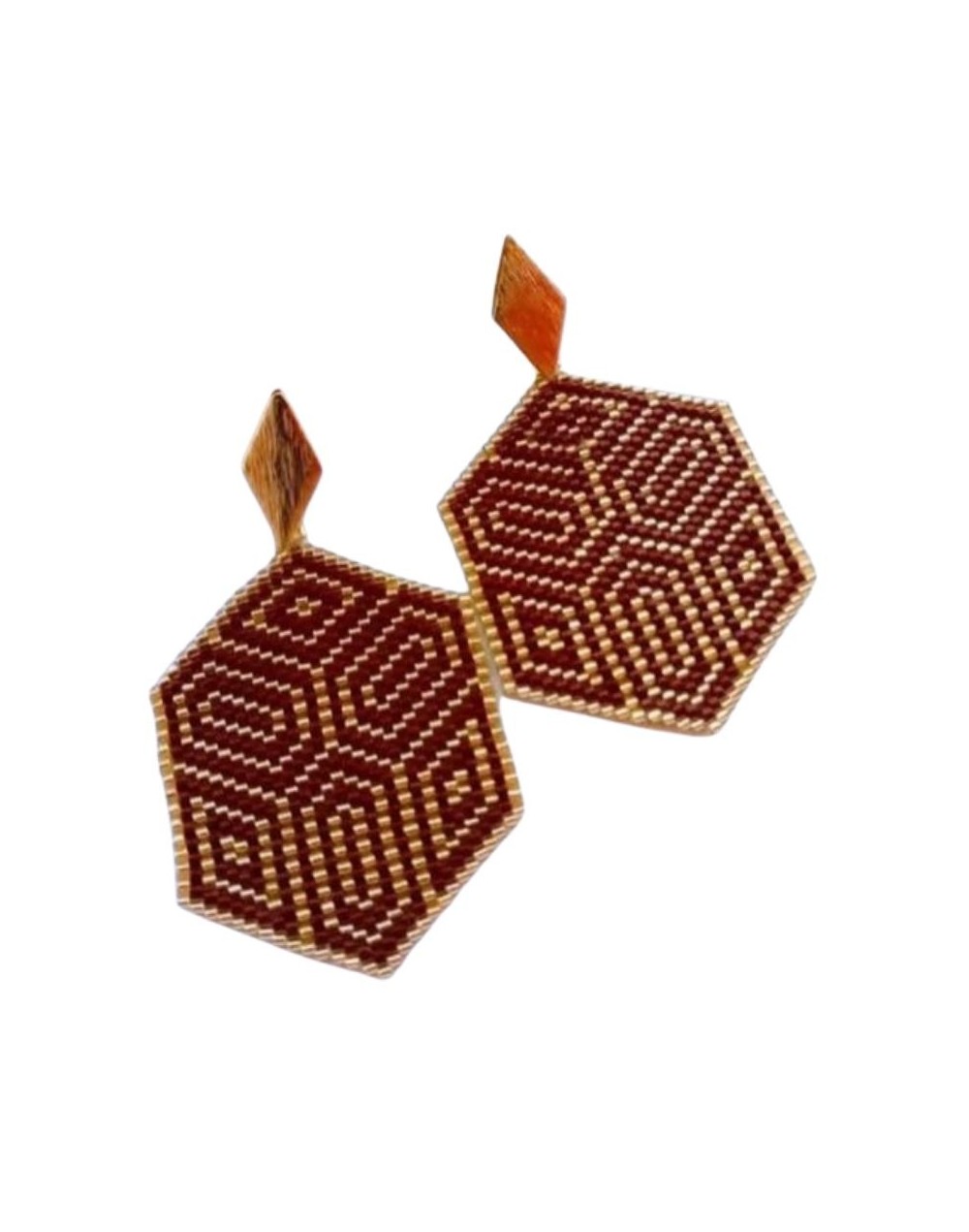 Aretes Hexagonales en Vino Tinto y Dorado – Elegancia Artesanal 
