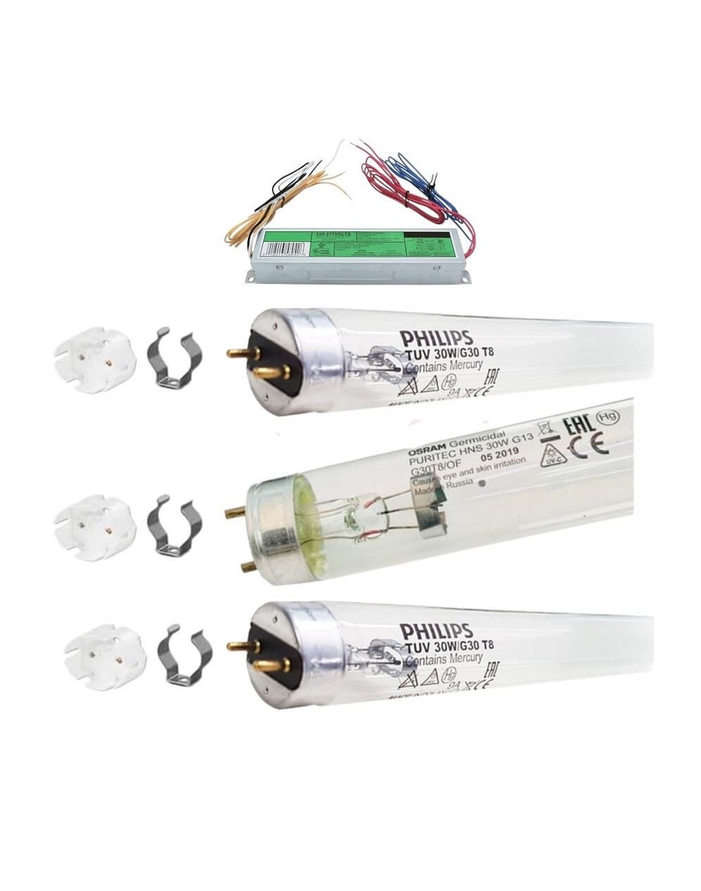 1 Balasto Con 3 Tubos Germicidas 30w Ultravioleta-Sockets Antivibracion Sin Base