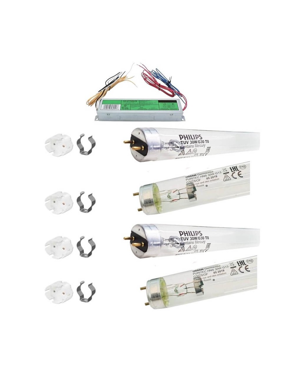 1 Balasto Con 4 Tubos Germicidas 30w Ultravioleta-Sockets Antivibracion Sin Base