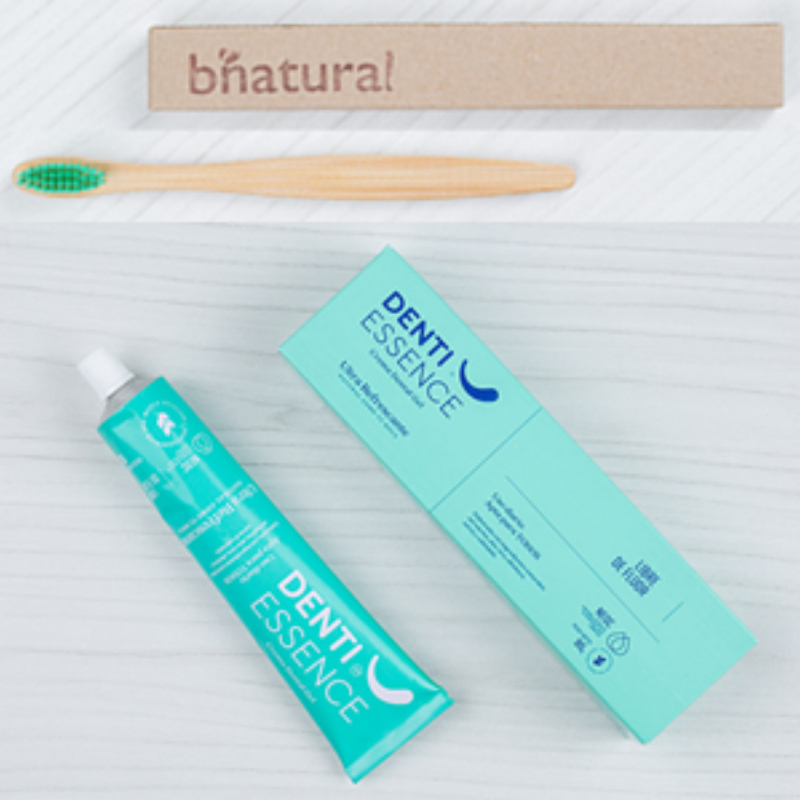 Kit Crema de dientes sin flúor ultra refrescante DENTI ESSENCE y cepillo de dientes de bambú