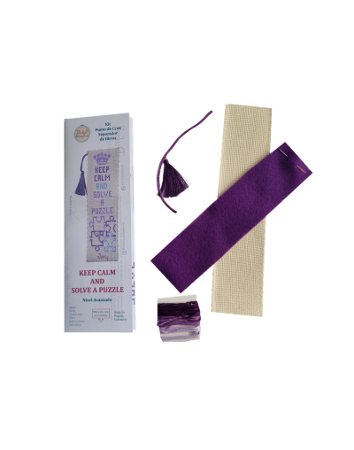kit Punto de Cruz - Separador de Libros - Keep calm and solve a puzzle Morado