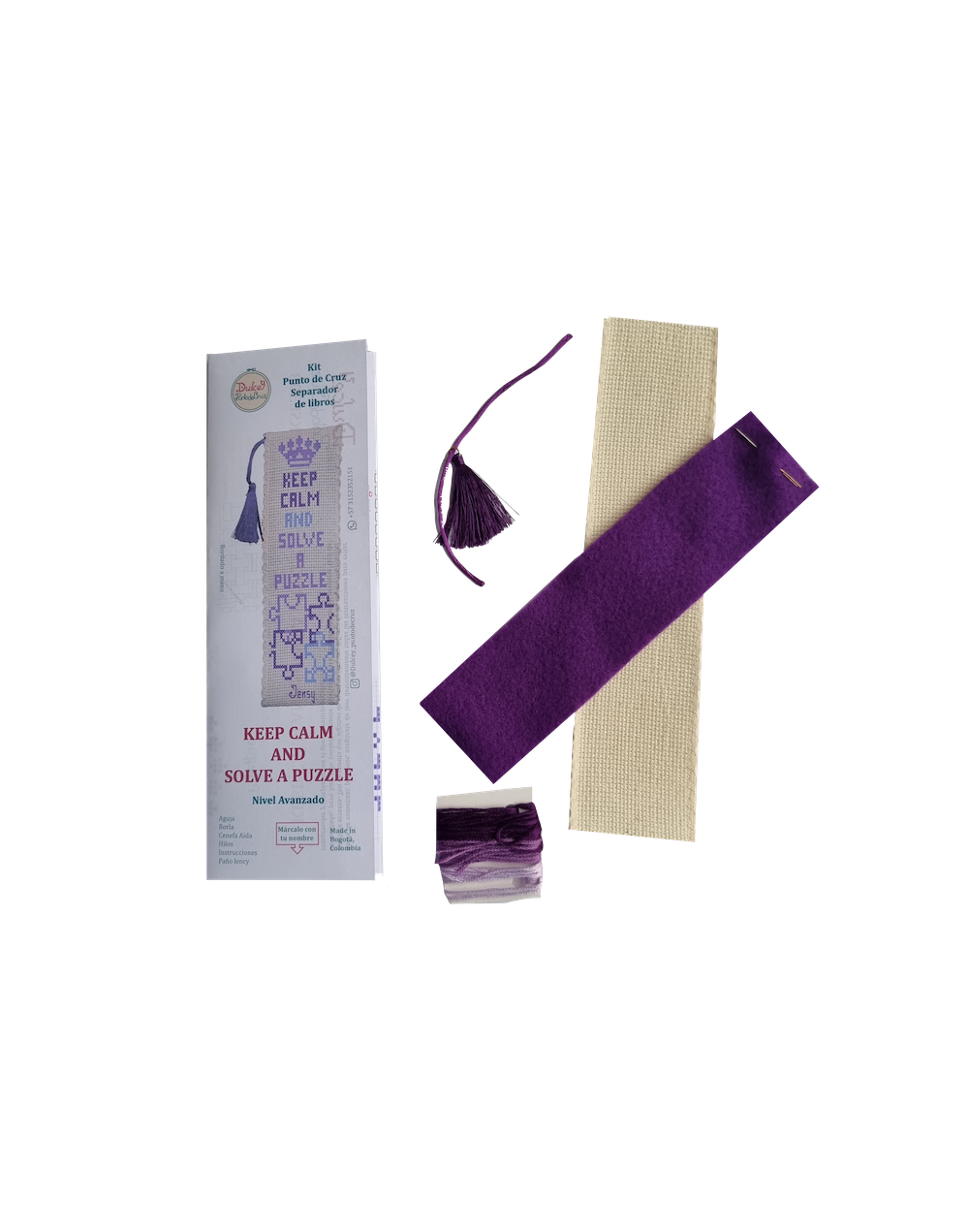 kit Punto de Cruz - Separador de Libros - Keep calm and solve a puzzle Morado