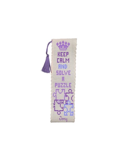 kit Punto de Cruz - Separador de Libros - Keep calm and solve a puzzle Morado