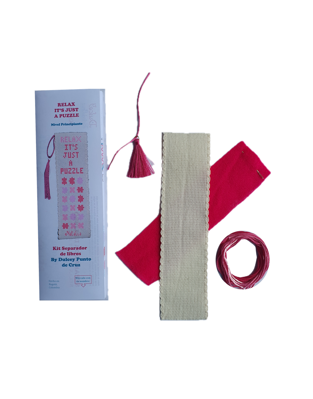 kit Punto de Cruz - Separador de Libros - Relax it’s just a puzzle Rosado
