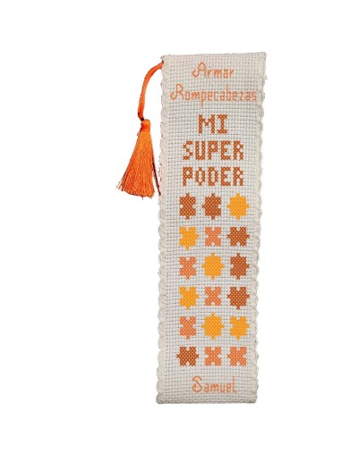 kit Punto de Cruz - Separador de Libros - Armar Rompecabezas Mi Super Poder Naranja