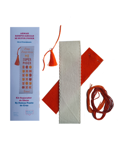 kit Punto de Cruz - Separador de Libros - Armar Rompecabezas Mi Super Poder Naranja