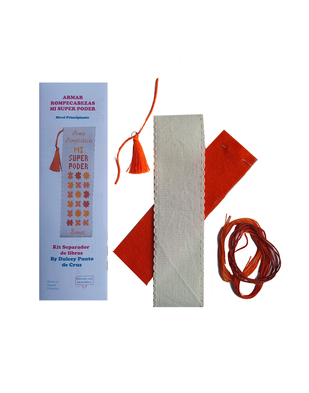 kit Punto de Cruz - Separador de Libros - Armar Rompecabezas Mi Super Poder Naranja