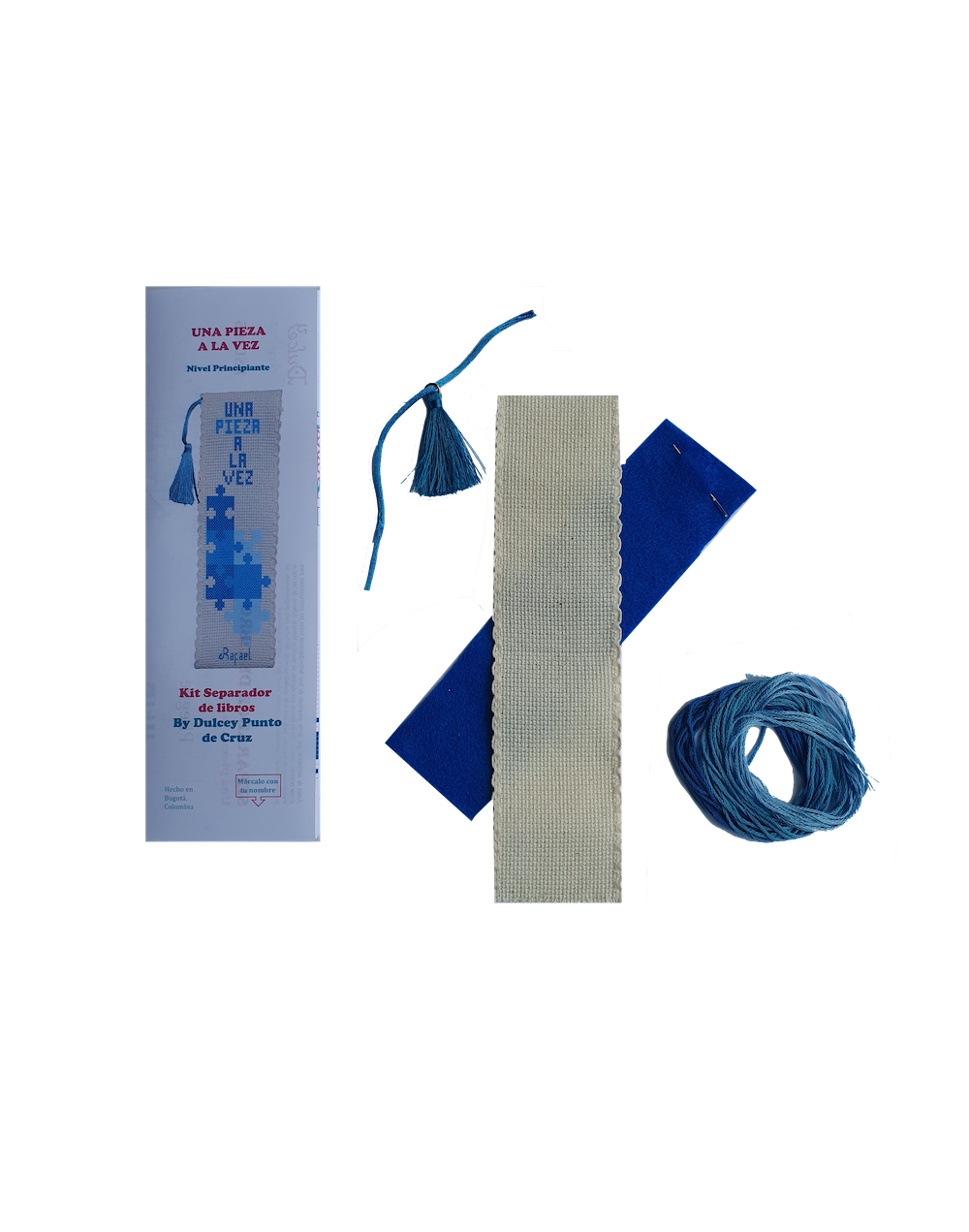 kit Punto de Cruz - Separador de Libros - Una Pieza a la vez azul